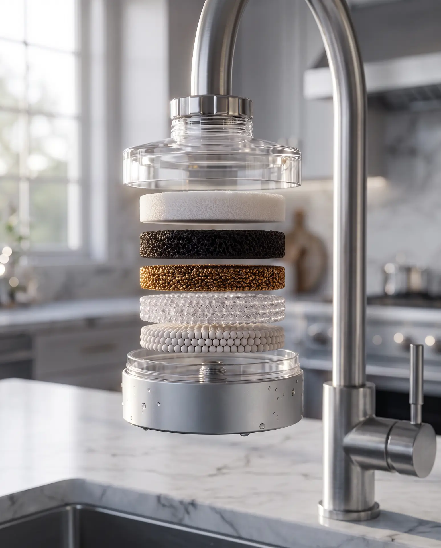 Exploded view of the Membrix™ tap filter showing its six conditioning layers suspended between chrome housings above a kitchen sink