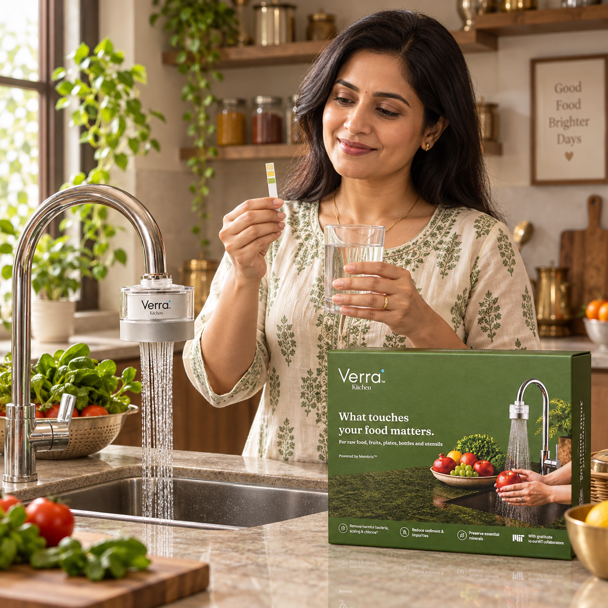 Woman checking water quality with a Verra test strip and a glass of conditioned water