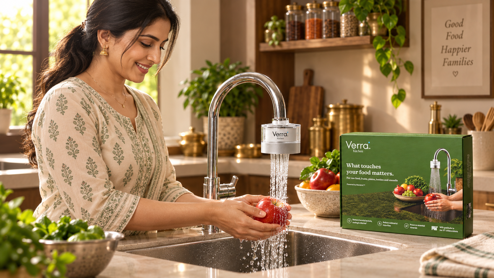 Kitchen by Verra filter on a tap with fresh vegetables being washed