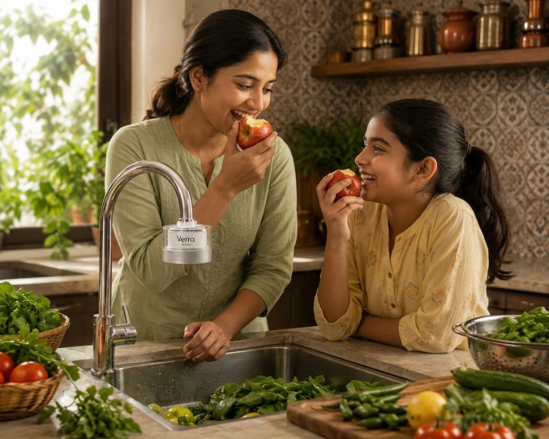 Family eating apples washed with Kitchen by Verra water