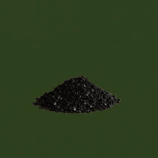 Heap of black activated carbon granules on a cream background