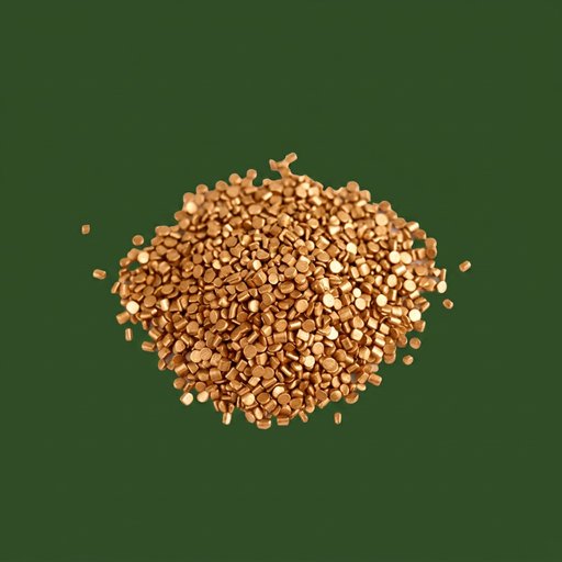Heap of golden copper-zinc KDF-55 filter media granules on a cream background