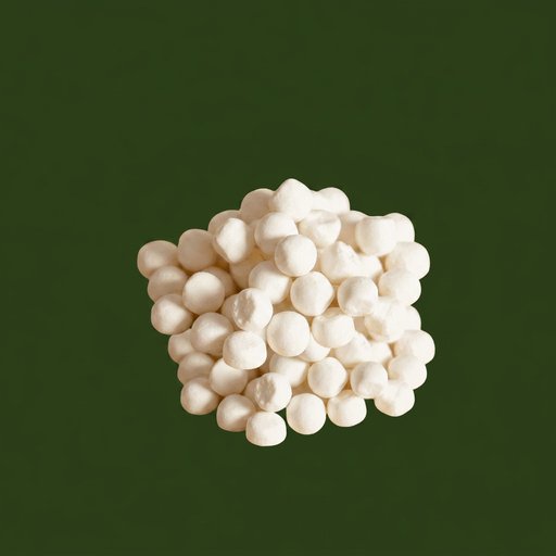 White calcium sulfite dechlorination pellets on a cream background