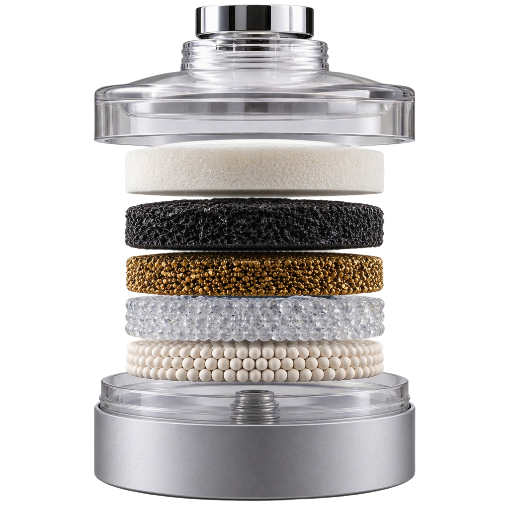 Exploded view of the Kitchen by Verra cartridge showing the six Membrix filtration layers