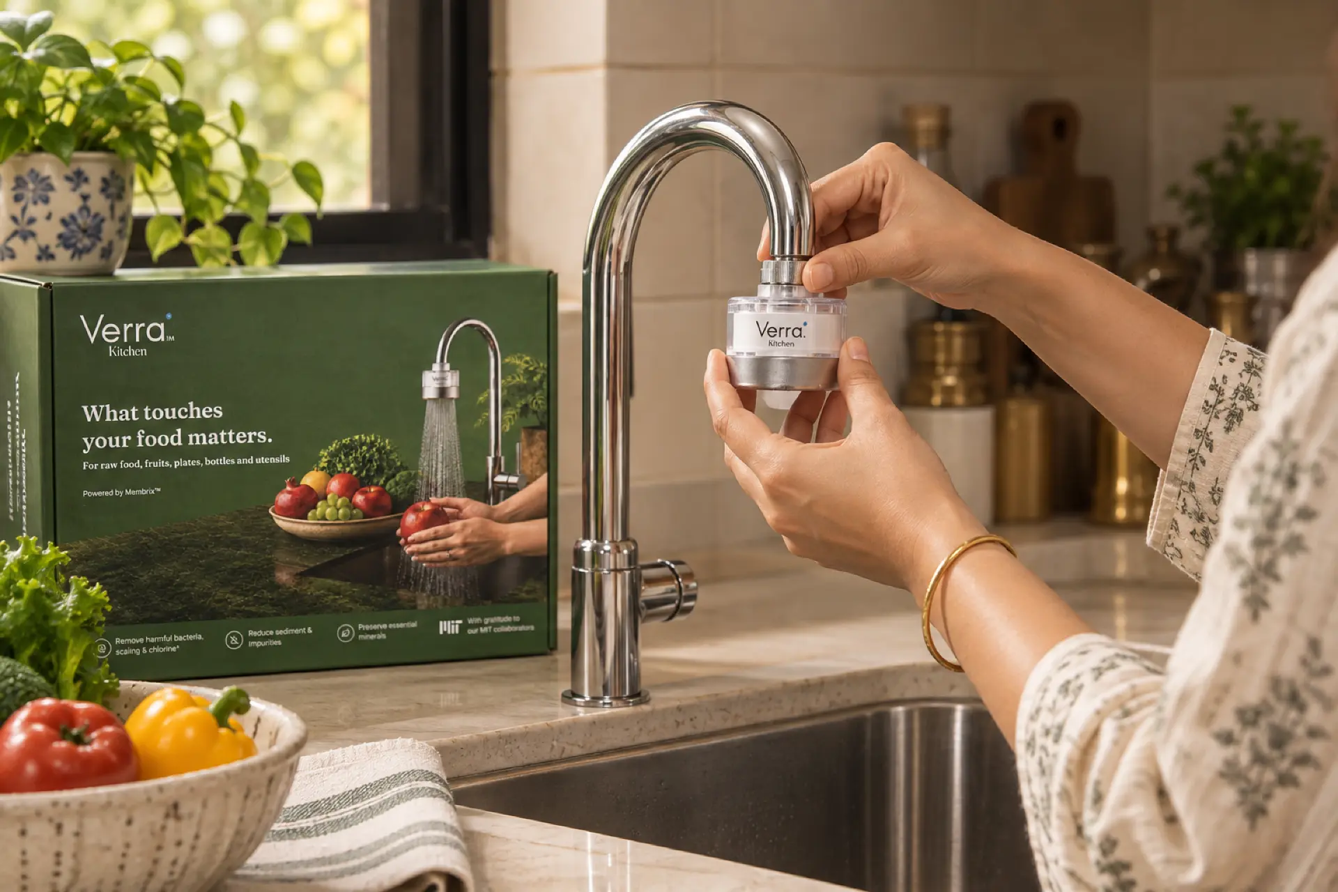 Hands attaching a Verra Kitchen filter to a chrome kitchen tap, with the product box in the background.