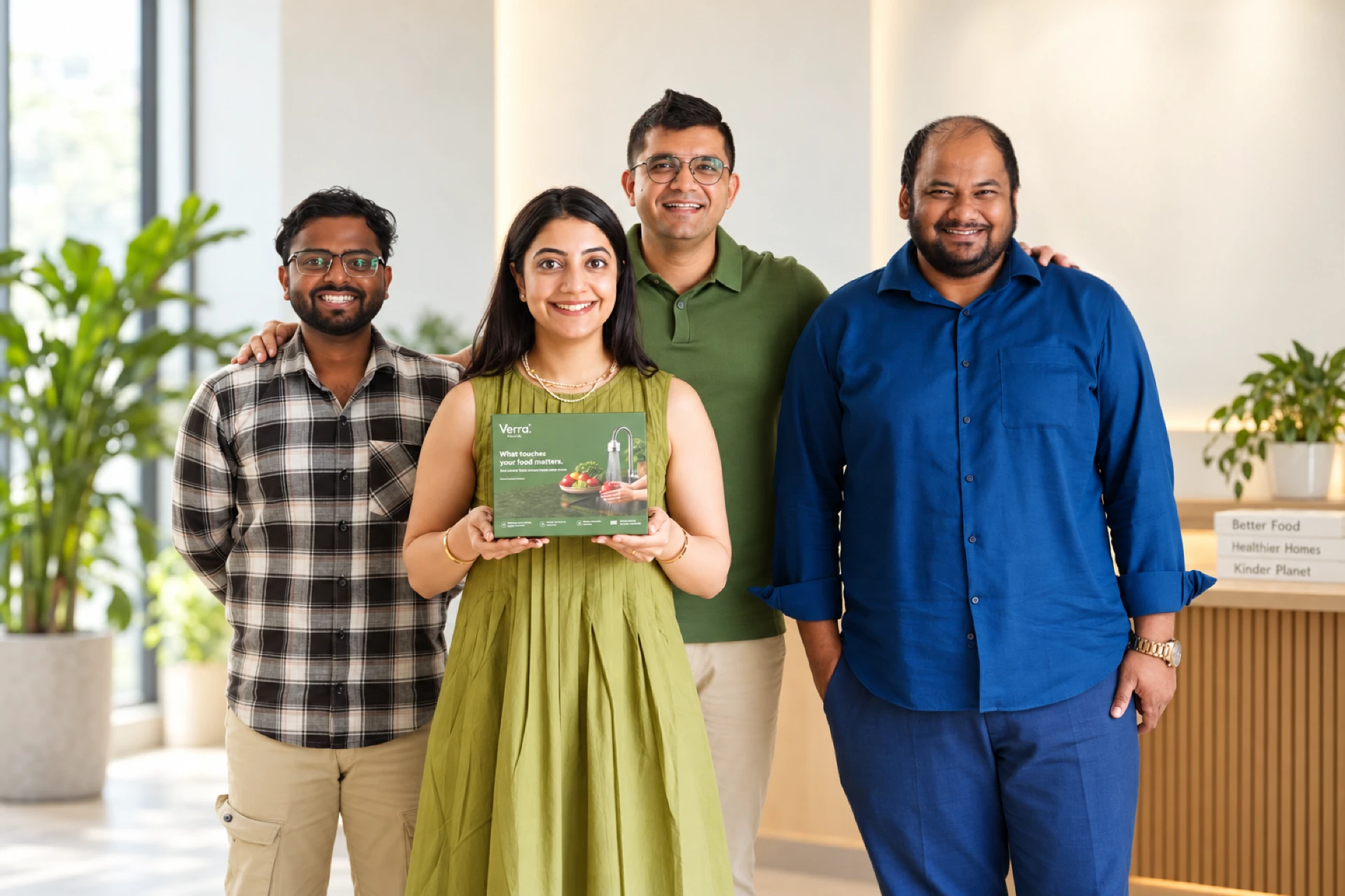 The Verra team standing together, one member holding the Verra Kitchen product box.