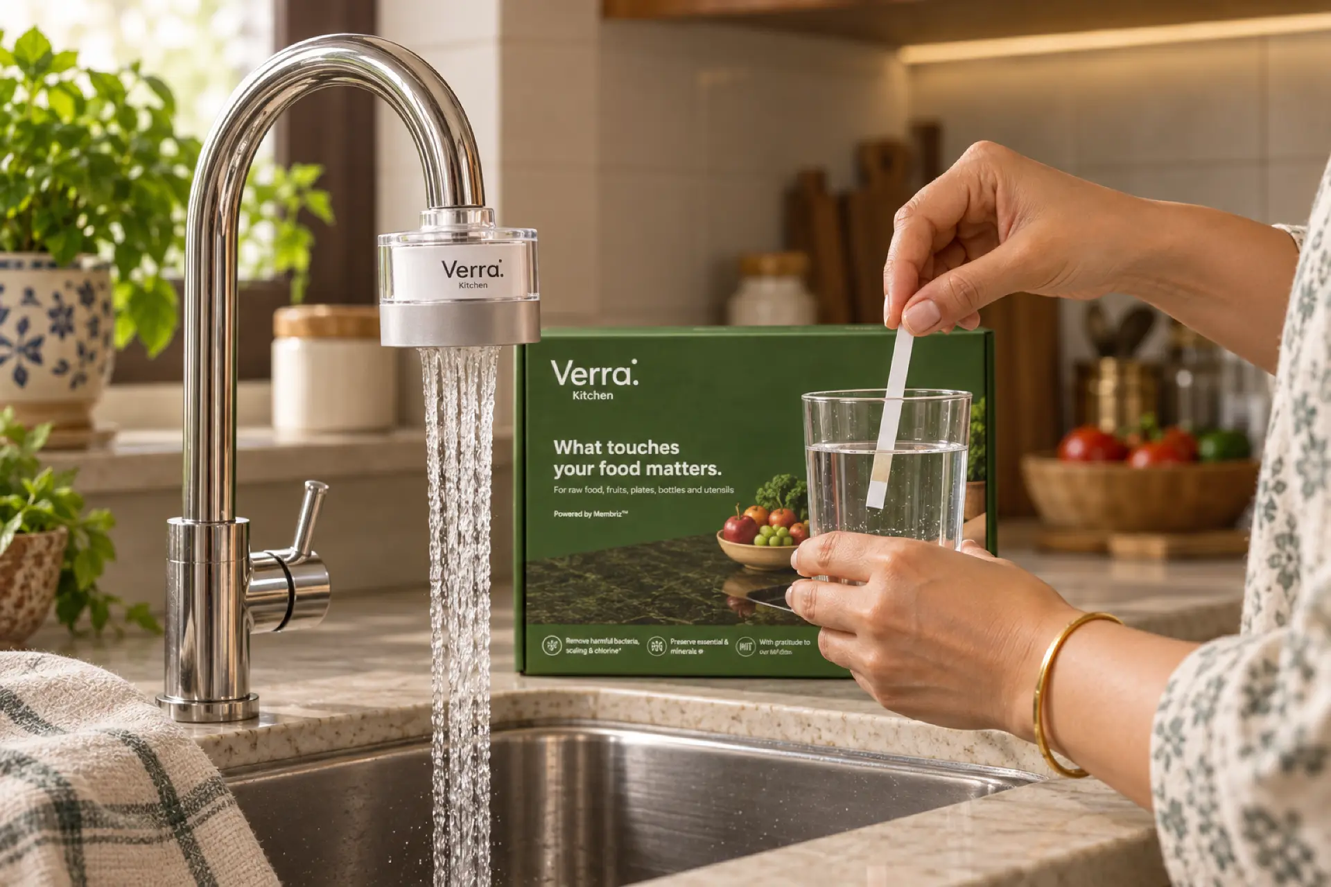 Hand dipping a Verra test strip into a glass of water beneath a running Verra Kitchen tap filter.