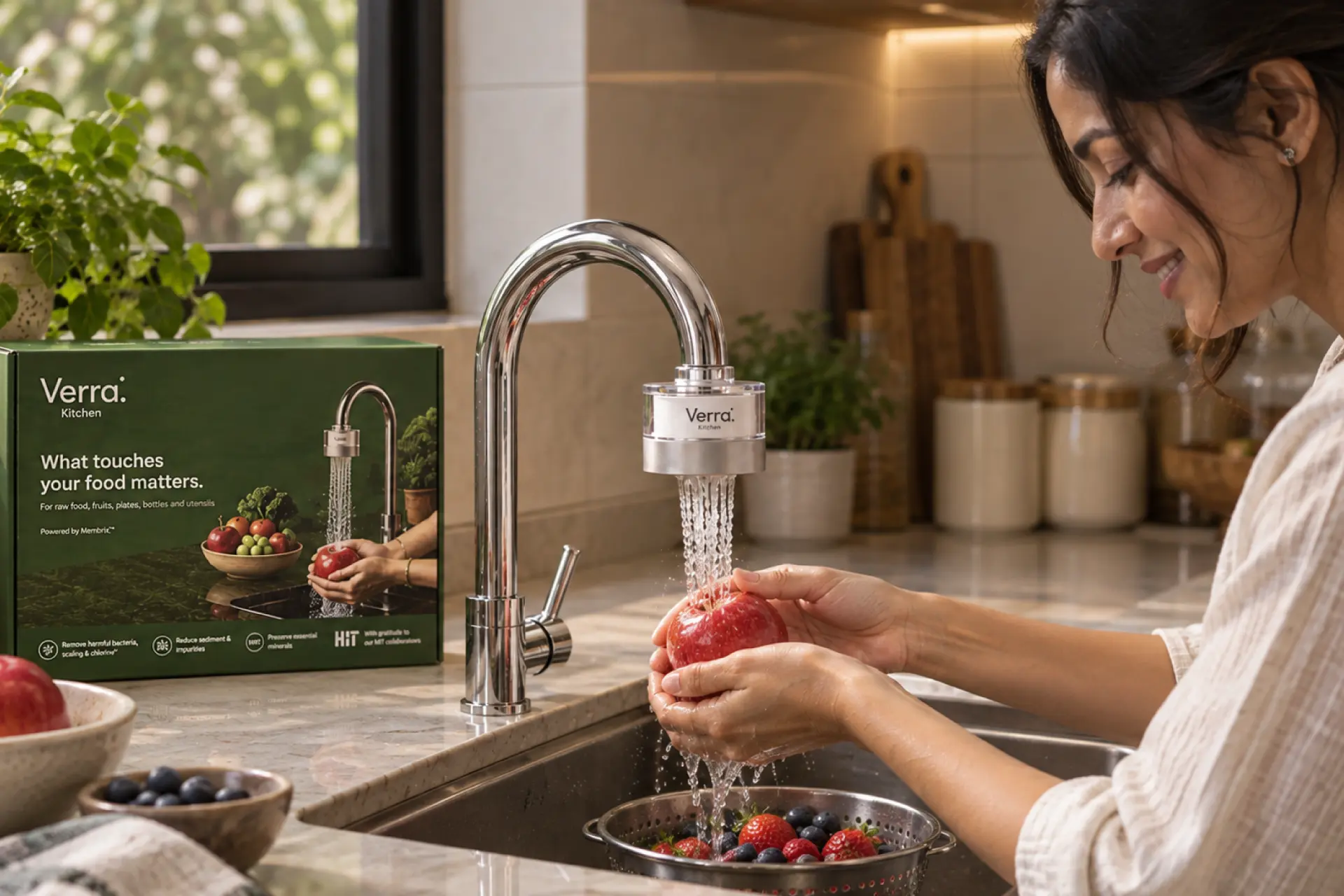 Woman washing fresh fruit under a Verra Kitchen tap filter.